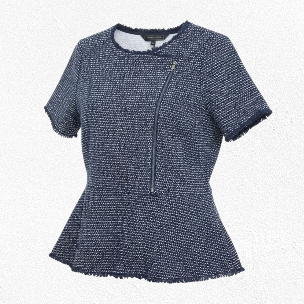 BCBGMaxazria Navy White Zip-Up Short Sleeve Fringe Womens Sweater Size Small